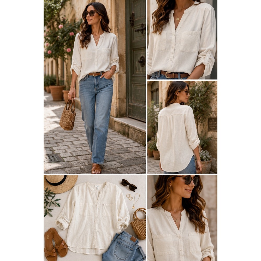 Nine West Jeans Womens Linen Blend Button Down Top Cream Long Sleeve Medium